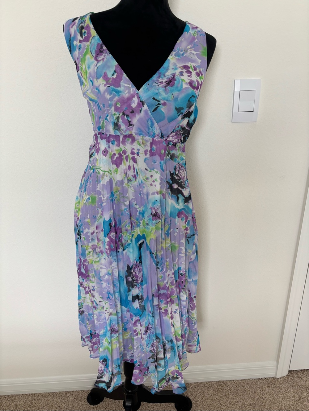 European Floral Pleated Chiffon Midi Dress XS
